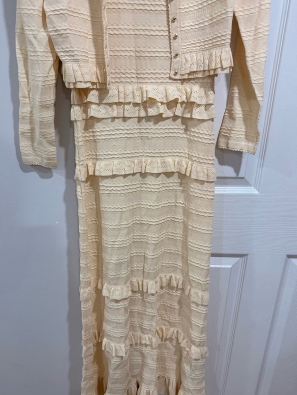 Sandro set Cream Knit Maxi Dress and Cardigan with Tiered Ruffle Panels - Picture 6 of 7